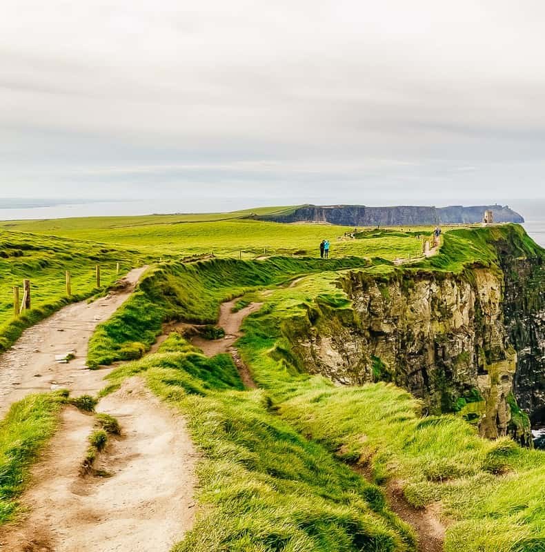 The cliff-top path at the Cliffs of Moher running north through the grass