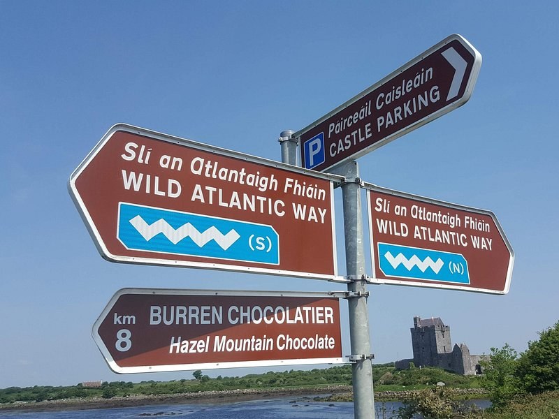 A Wild Atlantic Way signpost on the coast road in County Clare